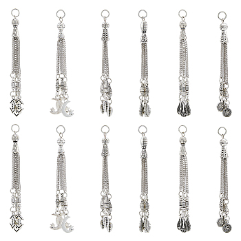 12Pcs 6 Style Tibetan Style Alloy Curb Chain Tassel Big Pendants, Feather & Moon with Star & Flat Round & Teardrop, Antique Silver & Platinum, 78~84x2mm, Hole: 5mm, 2Pcs/style