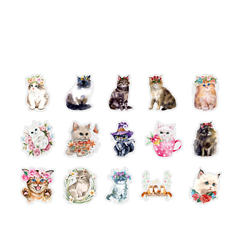 30Pcs 15 Styles Kitten Theme PET Plastic Cartoon Stickers, Self-adhesive Waterproof Decals, for Suitcase, Skateboard, Refrigerator, Helmet, Mobile Phone Shell, Mixed Color, 50x45mm, 2pcs/style