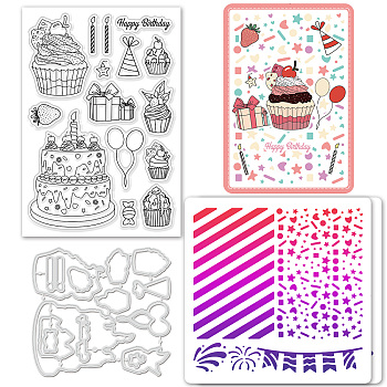 1 Set Birthday Cake PET Hollow Out Drawing Painting Stencils, 1Sheet PVC Plastic Clear Stamps, with 1Pc Cake Carbon Steel Cutting Dies Stencils, for DIY Scrapbooking, Mixed Shapes, Stamps: 160x110x3mm, Stencils:117~200x109~200x0.3mm