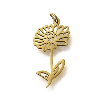 304 Stainless Steel Pendants, with Jump Ring, Flower Charms, Laser Cut, Ion Plating(IP), Real 18K Gold Plated, 21.5x11x1mm, Hole: 2.5mm