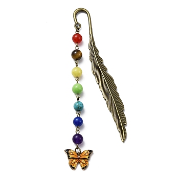 Butterfly Alloy Enamel Pendant Bookmark with Chakra Gemstone Bead, Alloy Feather Bookmarks, Gold, 140x14.5x3.5mm