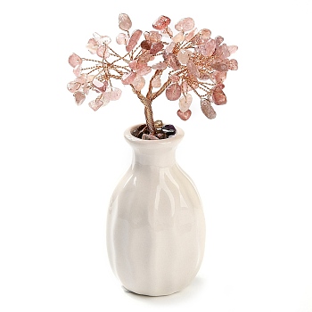 Natural Strawberry Quartz Chips Money Tree Decorations, Porcelain Vase Base with Copper Wire Feng Shui Energy Stone Gift for Home Office Desktop Decoration, 48~62x140mm