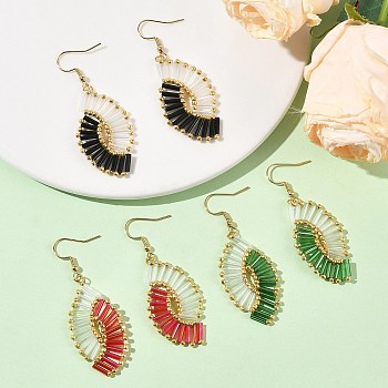 Glass Braided Beads Dangle Earrings, Teardrop, with 304 Stainless Steel Earring Findings, Golden, Mixed Color, 59.5x21.5mm