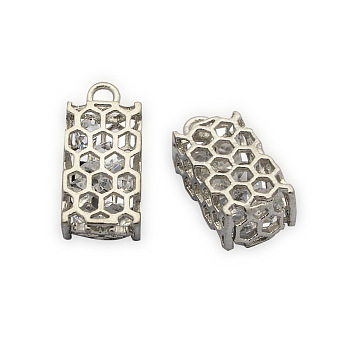 Brass Pendants, Hollow Cuboid with Glass Rhinestone Inside, Matte Platinum, 20x10x6mm, Hole: 2mm