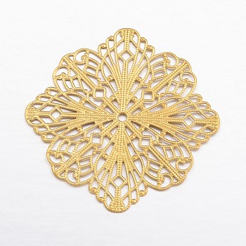 Brass Big Pendants, Etched Metal Embellishments, Flower, Golden, 54x54x1mm