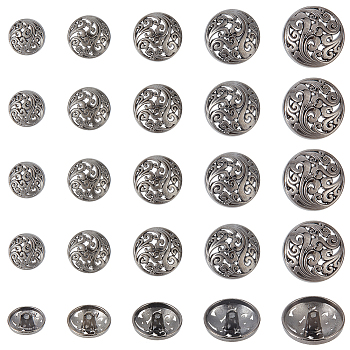 25Pcs 5 Styles 1-Hole Retro Zinc Alloy Shank Buttons, Hollow, Garment Decoration, Gunmetal, 15~25x9~12.5mm, Hole: 2.2~2.8mm, 5pcs/style