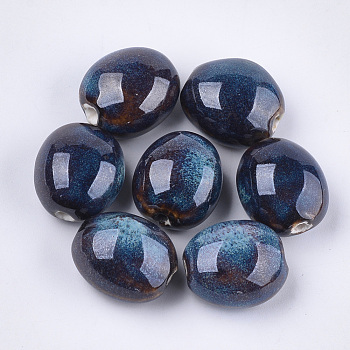 Handmade Porcelain Beads, Fancy Antique Glazed Porcelain, Oval, Coconut Brown, 20~21x17.5~18x12~13mm, Hole: 2.5~3mm