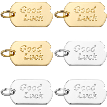 12Pcs 2 Colors Brass Pendants, Long-Lasting Plated, Rectangle, with Word "Good Luck", Mixed Color, 15x9x1mm, Hole: 3mm, 6pcs/color