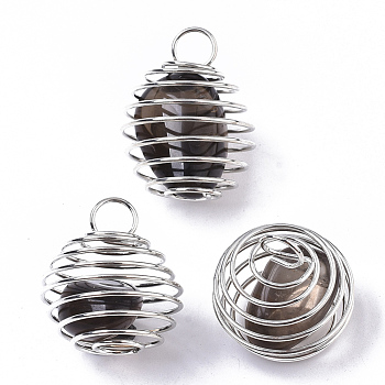 Iron Wrap-around Spiral Bead Cage Pendants, with Natural Smoky Quartz Beads inside, Round, Platinum, 21x24~26mm, Hole: 5mm