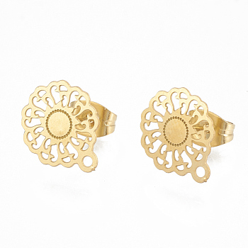 304 Stainless Steel Stud Earring Findings, with Loop, Flower, Golden, 12.5x10.5mm, Hole: 1mm, pin: 0.7mm