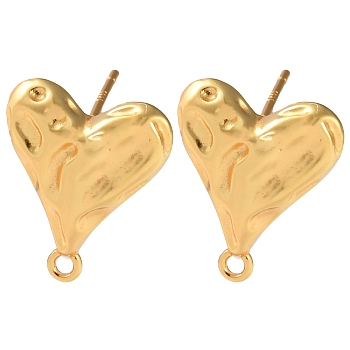 925 Sterling Silver Stud Earrings Findings, Hammered Heart, with Loops, Real 18K Gold Plated, 13.5x11.5mm, Hole: 1.1mm, Pin: 12x0.7mm