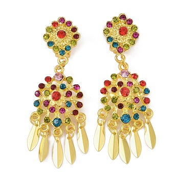 Bohemia Zinc Alloy Rhinestone Clip-on Earrings, Golden Tone Tassel Chandelier Earrings for Women, Colorful, 66x24.5mm