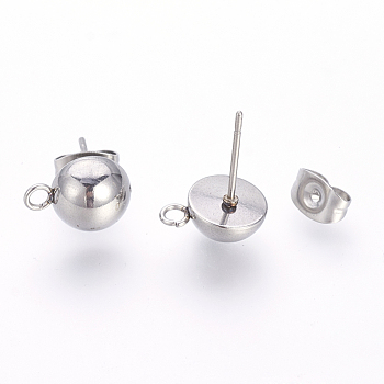 201 Stainless Steel Stud Earring Findings, with Loop and 304 Stainless Steel Pins, Stainless Steel Color, 10.5x8mm, Hole: 1.5mm, Pin: 0.9mm