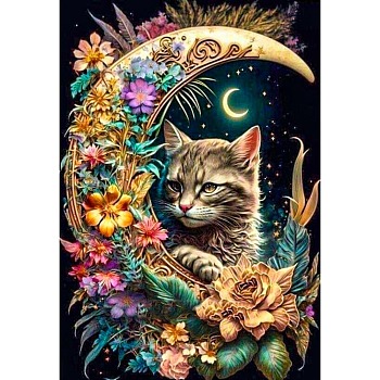 AB Color Flower Cat DIY Diamond Painting Kit, Including Resin Rhinestones Bag, Diamond Sticky Pen, Tray Plate and Glue Clay, Goldenrod, 400x300mm