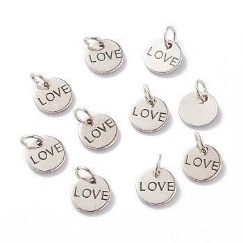 Brass Charms, Long-Lasting Plated, with Jump Rings, Flat Round with Word Love, for Valentine's Day, Antique Silver, 8.5x1mm, Jump Ring: 4x0.5mm, Inner Diameter: 2.5mm 