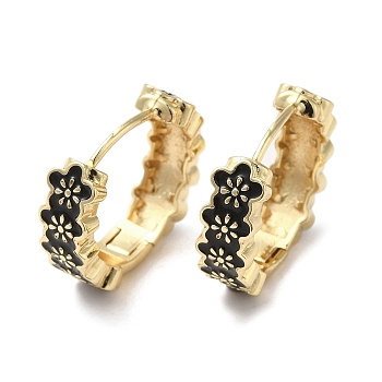 Flower Real 18K Gold Plated Brass Hoop Earrings, with Enamel, Black, 19.5x6mm