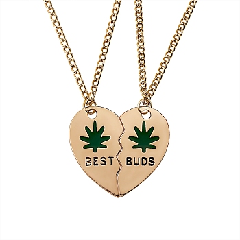 BEST BUDS Alloy Pendant Necklaces Set, Broken Heart Matching Pendant Necklaces for Bestfriends, Golden, Dark Green, 17.71 inch(45cm), 2pcs/set