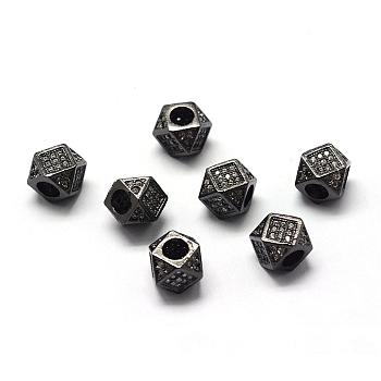 Rack Plating Brass Cubic Zirconia Beads, Long-Lasting Plated, Polygon, Gunmetal, 9.5x7mm, Hole: 3mm