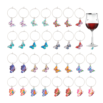 316 Surgical Stainless Steel Wine Glass Charms, with Alloy Enamel Pendants, Butterfly, Mixed Color, 50~55mm, 15pcs/set