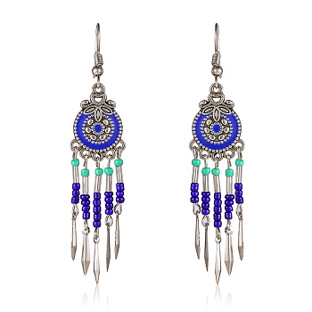 Bohemian Style Alloy Enamel Flat Round Tassel Chandelier Earrings, with Glass Seed Beads, Antique Silver, Blue, 50x15mm