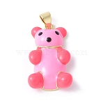 Rack Plating Brass with Enamel Pendants, with Jump Ring, Long-Lasting Plated, Lead Free & Cadmium Free, Bear, Real 18K Gold Plated, Hot Pink, 27x15.5x6.8mm, Hole: 5mm(KK-B091-20G-02)