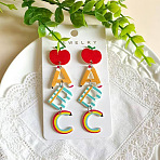 Teachers' Day Printed Acrylic Stud Dangle Earrings, Apple & Letter, Colorful, 69x18mm(WG18C88-01)