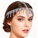 Rhinestone Mesh Headpiece Cap, Alloy Head Chain Bridal Party Hair Accessories for Women Girls, Silver, 549x31~63mm(AJEW-WH20017-82S)