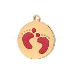 304 Stainless Steel Pendants, Flat Round with Footprint Charms, Ion Plating(IP), Real 18K Gold Plated, Red, 11x10mm, Hole: 1mm(STAS-OY012-65G)