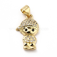 Brass Micro Pave Cubic Zirconia Pendants, Long-Lasting Plated, Real 18K Gold Plated, Boy, Clear, 20x15x3.5mm, Hole: 3.5x4mm(KK-H433-09A-G)