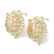 Brass Stud Earring Finding, with Horizontal Loop, Lion, Real 18K Gold Plated, 15.5x12.5mm, Hole: 0.9mm, Pin: 0.7mm(KK-C031-03G)
