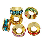 Brass Rhinestone Spacer Beads, Grade A, Rondelle, Golden Metal Color, Mixed Color, 9x4mm, Hole: 4mm(RB-A020-9mm-G)