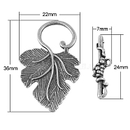 Alloy Toggle Clasps, Cadmium Free & Nickel Free & Lead Free, Leaf, Antique Silver, Toggle: 36x22x4.5mm, Hole: 1.5mm, Bar: 24x7x4.5mm(X-PALLOY-A20005-AS-FF)