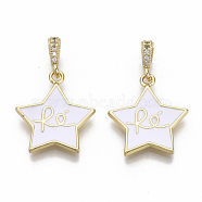 Brass Micro Pave Cubic Zirconia Pendants, with Enamel, Nickel Free, Star with Word Re, Real 16K Gold Plated, White, 19x17.5x2mm, Hole: 2.5mm(ZIRC-T014-015B-NF)