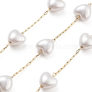 Handmade Heart ABS Imitation Pearl Beaded Chains, with Ion Plating(IP) 304 Stainless Steel Chains, Unwelded, Real 18K Gold Plated , White, 2.2x1x0.5mm, Heart: 8x8x5mm(CHS-P019-09C-G)