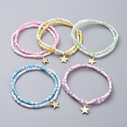 Glass Seed Beaded Kids Stretch Bracelets, Stackable Bracelets, with Star Brass Charms, Mixed Color, 2 inch(5cm), 2pcs/set(BJEW-JB04825)