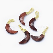Natural Tiger Eye Pendants, with Long-Lasting Plated Brass Findings, Faceted, Moon, Golden, 18~20x11~12.5x5mm, Hole: 3.5x5.5mm(G-F584-E12-G)
