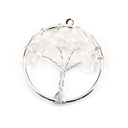 Natural Quartz Crystal Tree fo Life Pendants, Iron Ring Chip Gems Tree Charms, Platinum, 30mm(WG82707-16)