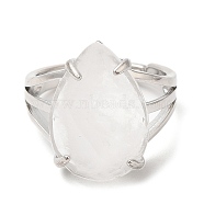 Natural Quartz Crystal Teardrop Adjustable Rings, Platinum Brass Ring, Lead Free & Cadmium Free, US Size 7(17.3mm)(RJEW-K241-03P-11)