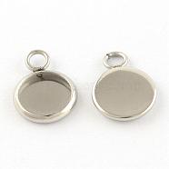 304 Stainless Steel Pendant Cabochon Settings, Plain Edge Bezel Cups, Flat Round, Stainless Steel Color, Tray: 8mm, 12x10x1.5mm, Hole: 1.8mm(STAS-S046-18)