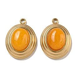 Natural Orange Jade Dyed Pendants, 304 Stainless Steel Oval Charms, Golden, 19x14x7mm, Hole: 1.8mm(STAS-L025-007G-02)