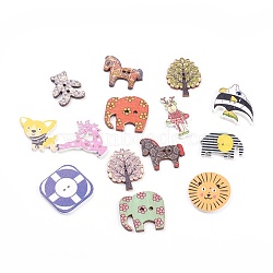 2-Hole Printed Wooden Sewing Buttons, Mixed Shapes, Mixed Color, 17~35x15.5~35x2~4mm, Hole: 1~1.8mm(BUTT-MSMC001-10)