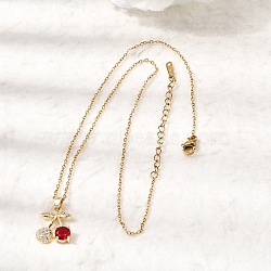 Brass Pave Clear and Red Cubic Zirconia Cherry Pendant 304 Stainless Steel Cable Chain Necklaces for Women, Golden, 15.79 inch(40.1cm)(NJEW-H092-05G)