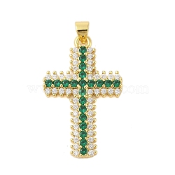 Rack Plating Brass Micro Pave Cubic Zirconia Pendants, Cadmium Free & Lead Free, Long-Lasting Plated, Cross, Real 18K Gold Plated, Green, 32x20x4mm, Hole: 4x3mm(KK-S380-39E-G)