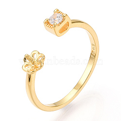 925 Sterling Silver Micro Pave Cubic Zirconia Adjustable Open Cuff Ring Settings, for Half Drilled Beads, with S925 Stamp, Real 18K Gold Plated, US Size 7 3/4(17.9mm), Pin: 1mm(STER-T007-02G)