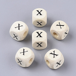 Printed Natural Wood Beads, Horizontal Hole, Cube with Initial Letter, PapayaWhip, Letter.X, 10x10x10mm, Hole: 3.5mm(X-WOOD-T026-001X)