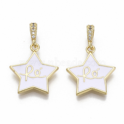 Brass Micro Pave Cubic Zirconia Pendants, with Enamel, Nickel Free, Star with Word Re, Real 16K Gold Plated, White, 21x18.5x2mm, Hole: 2.5mm(ZIRC-T014-015B-NF)