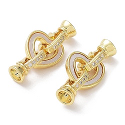 Rack Plating Brass Micro Pave Clear Cubic Zirconia Fold Over Heart Clasps, with Natural Shell, Cadmium Free & Lead Free, Long-Lasting Plated, Real 18K Gold Plated, 30mm(KK-F858-11G)