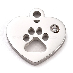 304 Stainless Steel Charms, Manual Polishing, with Crystal Rhinestone, Heart with Dog Paw Printed, Stainless Steel Color, 12x12x1.2mm, Hole:1.8mm(STAS-L245-002P)