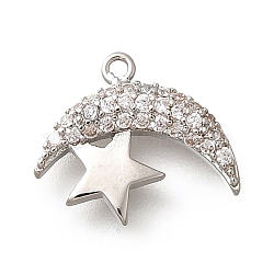 Brass Micro Pave Cubic Zirconia Pendants, Cadmium Free & Nickel Free & Lead Free, Moon & Star Charms, Platinum, 11x12.5x2.5mm, Hole: 0.8mm(KK-Q035-06P)