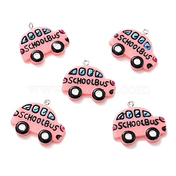 Resin Pendants, with Platinum Tone Iron Loop, School Bus with Word, Pink, 25.5x29.5x4mm, Hole: 2mm(RESI-F027-03)